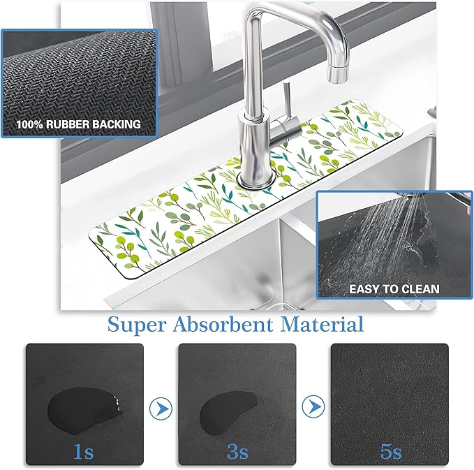 Faucet Mat for Kitchen Sink Color Art Leaves Grass, Soft Diatom Mud Material, Strong Water Absorption, Non-slip, Easy to Clean for Bathroom, Kitchen 23.5"X5.5"