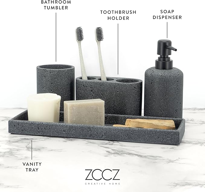 ZCCZ - Black Bathroom Accessories Set 4 Pcs - Toothbrush Holder, Soap Dispenser, Vanity Tray, Bathroom Tumbler - Countertop Vanity Organizer - Bathroom Accessory Set- Toothbrush Holder Set, Stone Sets