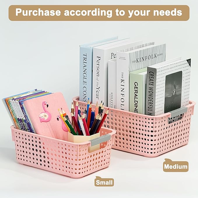 4 Pack Fully Hollow Plastic Organizer Basket with Handles, Multi-Purpose Organizer for Under Bathroom Sink,Kitchen Cabinet, Ideal for Toiletries (Pink, Small)