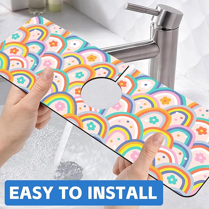 Boho Rainbow Hippie Floral Kitchen Sink Splash Guard Mat Absorbent Fast Drying Mat Faucet Draining Mat Sink Splash Guard Behind Faucet Drip Catcher for Kitchen Bathroom 5.5"×15"
