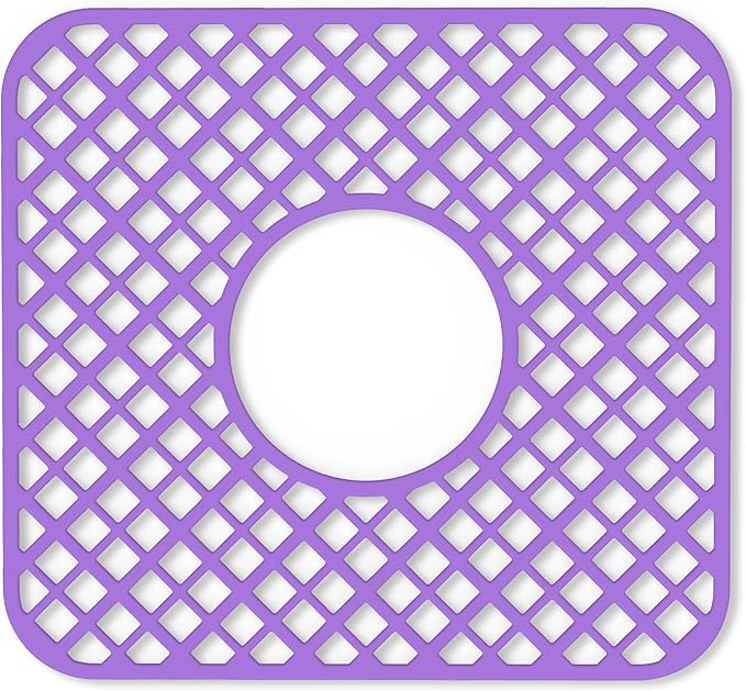 2 Pack Silicone Sink Protector for Kitchen Sink, Lozenge Pattern 12 x 11" Sink Grid Mat Silicone Protectors, Center Drain, Purple