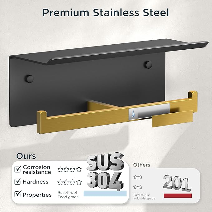 FORIOUS Toilet Paper Holder with Shelf, 304 Stainless Steel Wall Mount Commercial Toilet Paper Dispenser, Double Tissue Roll Holder for Bathroom (Matte Black & Brushed Gold)