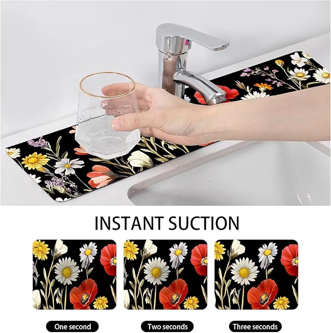 Bimkole 2 PCS Faucet Absorbent Mat, Kitchen Faucet Sink Splash Guard Wraparound Cloth Pads Drip Catcher for Sink Faucet for Kitchen Bathroom Faucet, Colorful Faucet Mat, 15 x 4 Inch Flower A1