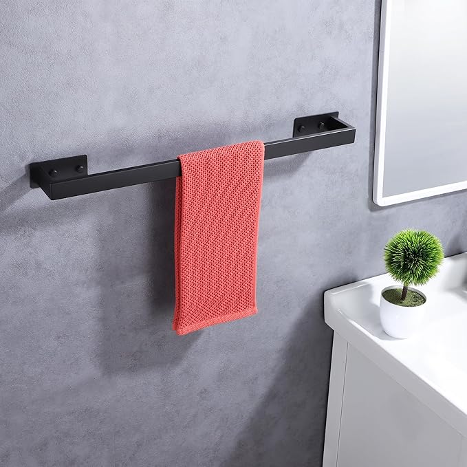 LANC Matte Black Bath Towel Bars 16-Inch, Self Adhesive Towel Bar for Bathroom Wall Mounted and No Drilling Towel Rack, Sticky on Kitchen Hand Towel Holder 304 Stainless Steel, A8310MB-L4
