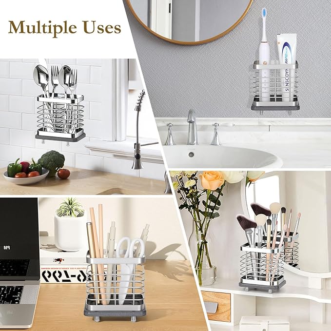 Shinowa Toothbrush Holder Wall Mounted for Bathroom, Stainless Steel Electric Toothbrush Toothpaste Holder with Fast Dry Tray, 2 Slots Adhesive and Countertop Bathroom Accessories Organizer, Silver