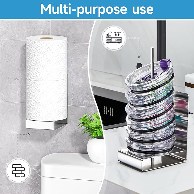 Toilet Paper Storage Wall Mount, Stainless Steel Toilet Paper Holder Stand for 2 Rolls, Extra Tp Roll Organizer Holder for Bathroom, Silver, Cup Lid Organizer