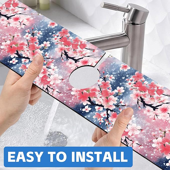 Japanese Pink Cherry Blossoms Dish Drying Mat for Kitchen Sink Splash Guard Behind Faucet Sink Mat Absorbent Fast Drying Faucet Draining Mat for Bathroom Kitchen 5.5"×24"