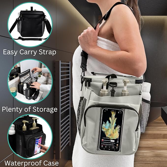 Portable Shower Caddy Bag- Large Capacity, Quick Dry with Metal Hook - Hanging Shower Bag - Breathable Mesh Toiletry Shower Tote for Gym and College Dorm (Grey, Extra Large)