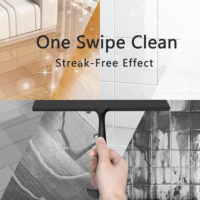 Shower Squeegee for Glass Doors, 2-in-1 Silicone Shower Squeegee with Hook,Hang Anywhere | Streak-Free Bathroom Squeegee | Household Window Mirror Squeegee for Bathroom, Glass, Tile Wall, Car(Black)