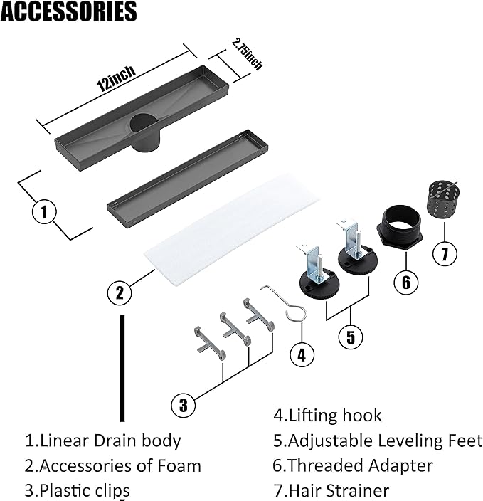 12 inch Linear Shower Drain with Removable Square Hole Panel by Using 304 Stainless Steel Process, Linear Drain Equipped with Adjustable Feet and Hair Strainer（Matte Black Color）