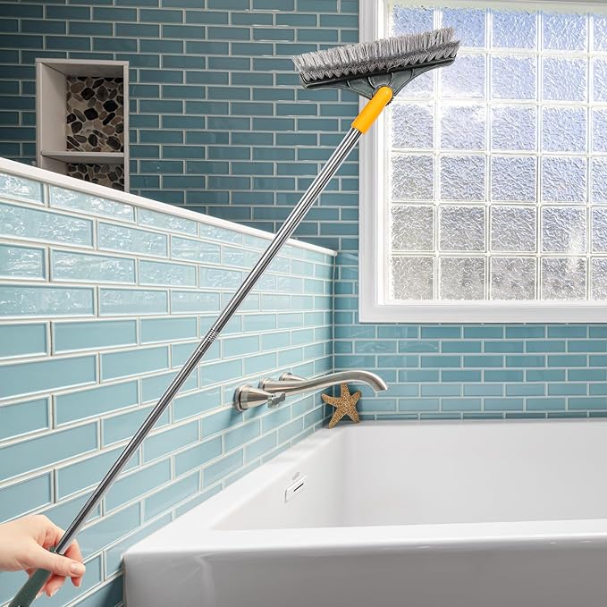 CHILDWEET Floor Brush with Long Handle, Double-Sided V-Shaped Scrub Brush for Bathroom Tile and Corner Cleaning, 110x23x8cm, Sturdy Floor Scrubber for Shower and Grout Maintenance Random