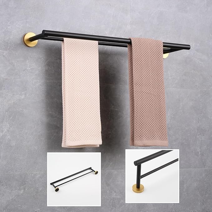 GERZWY 24-Inch Bath Double Towel Bar Stainless Steel Modern Round Style Bath Hand Towel Rack Wall Mount Black & Gold