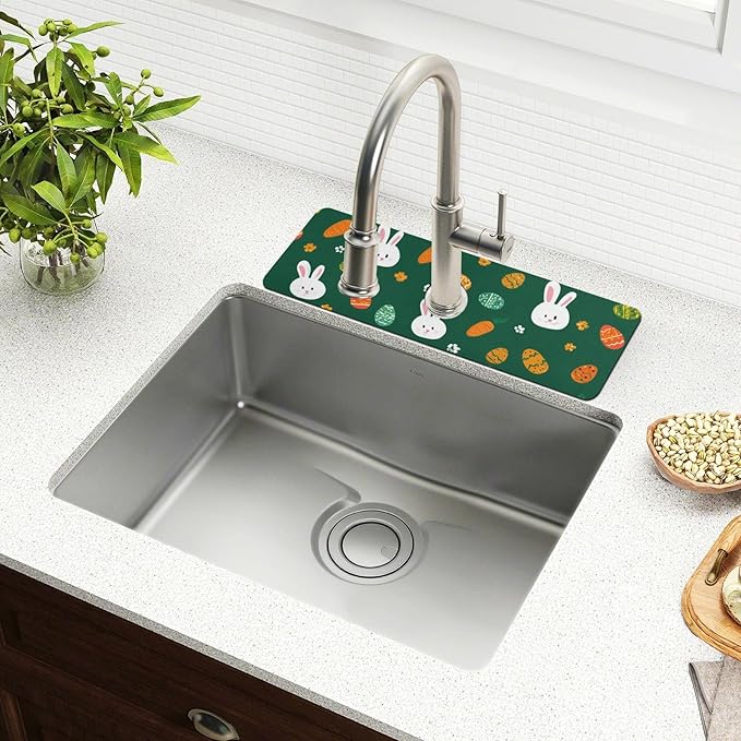 Kitchen Sink Splash Guard 1 PC 30 Inch Sink Faucet Mat Splash Guard for Bathroom Countertop Water Absorbent Foldable Cuttable Soft Washable Deep Green Easter Rabbit Eggs Carrots
