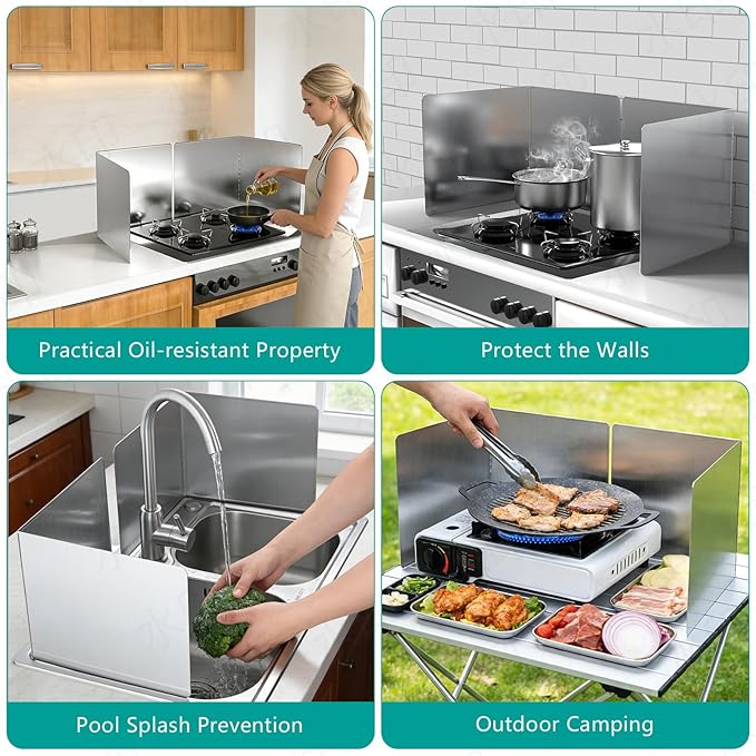 20"x20" Extra Large Splash Guard 2 PCS, Heavy-Duty Stainless Steel Foldable Backsplash, Wide Stove Splash Protector for Kitchen, Heat Resistant & Easy Wipe Clean