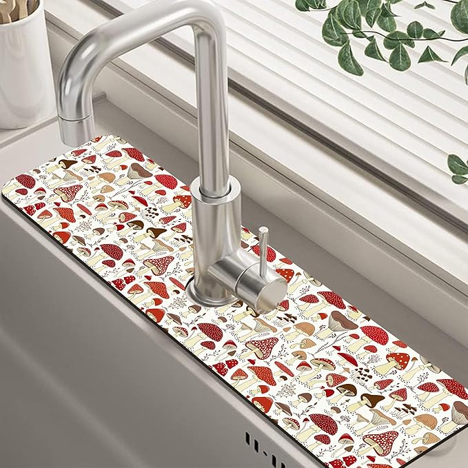 Cartoon Mushrooms Dish Drying Mat for Kitchen Sink Splash Guard Behind Faucet Sink Mat Absorbent Fast Drying Faucet Draining Mat for Bathroom Kitchen 5.5"×24"