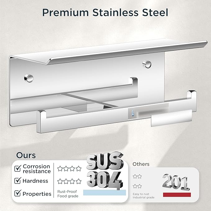 FORIOUS Toilet Paper Holder with Shelf, 304 Stainless Steel Wall Mount Commercial Toilet Paper Dispenser, Double Tissue Roll Holder for Bathroom, Chrome