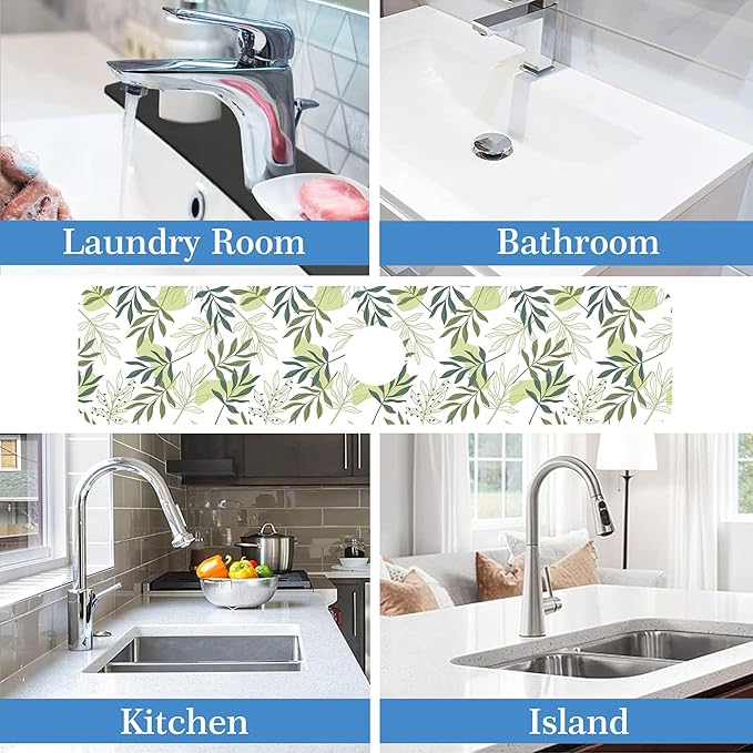 Faucet Mat for Kitchen Sink Artistic Green Leave Branche, Soft Diatom Mud Material, Strong Water Absorption, Non-slip, Easy to Clean for Bathroom, Kitchen 23.5"X5.5"