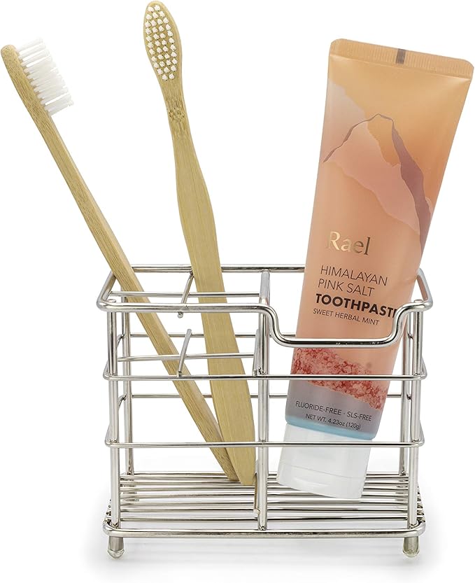 Brookstone Minimalistic Toothbrush Holder for Bathroom, Holds Regular & Electric Brushes, Anti-Rust Stainless Steel Constructions, Quick Dry Open-Air Ventilated Design. Bonus: 5 Protective Covers
