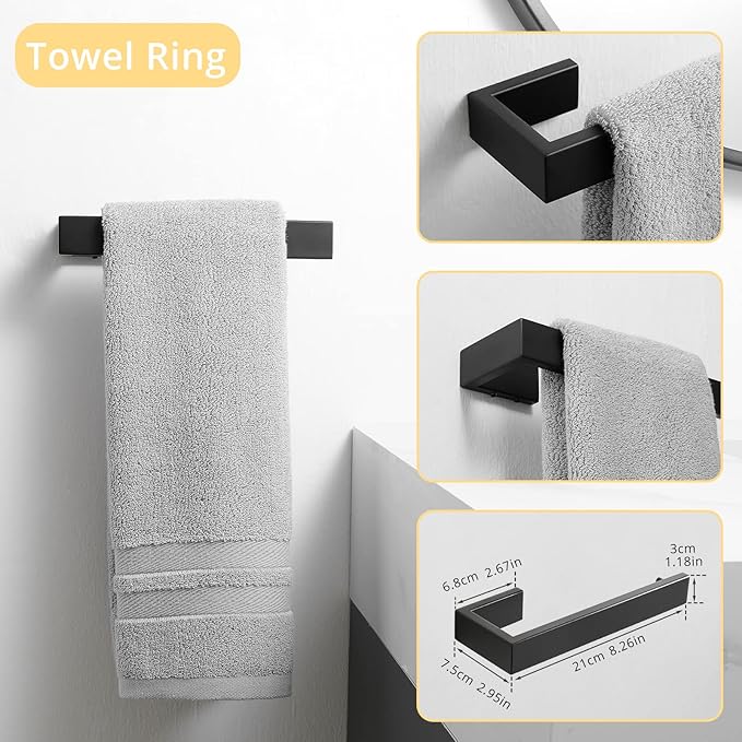 Fapully 23.6-Inch 6 Piece Bathroom Hardware Accessories Set Stainless Steel Wall Mounted Matte Black Include Towel Bar,Hand Towel Holder,Toilet Paper Holder,Robe Towel Hook,Coat Hook,Towel bar Set.