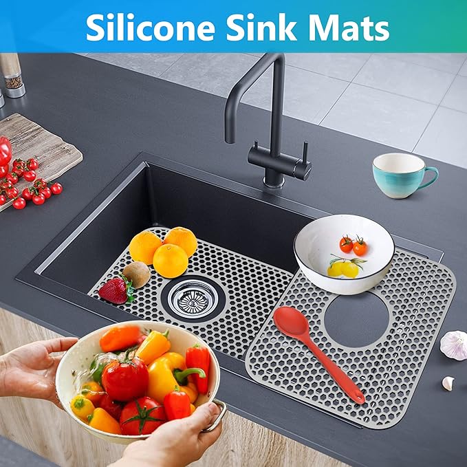 Sink Protectors for Kitchen Sink,2 PCS Silicone Kitchen Mat 13.58"x11.6",Non-Slip Bottom Guard Compatible with Farmhouse/Stainless Steel/Porcelain(Grey, Ceter Drain)