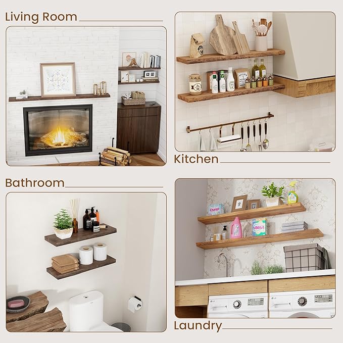 Floating Shelves for Wall Decor, 8" Deep Rustic Solid Elm Wood Floating Shelves Wall Mounted, Wall Shelves with Invisible Bracket for Living Room Bathroom Bedroom Kitchen, 16 Inch Set of 2, Natural