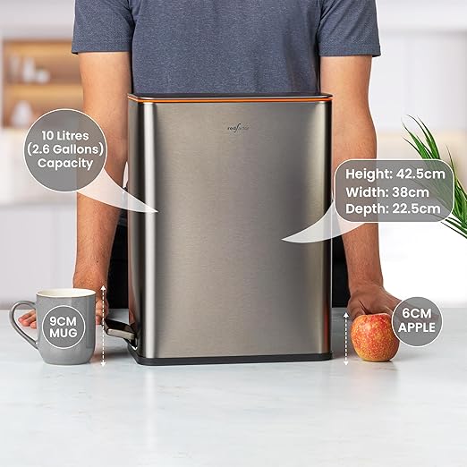 RED FACTOR Slim 2.6 Gallon Stainless Steel Pedal Trash Can with Soft Close Lid for Narrow Spaces – Wastebasket Bin with Removable Inner Bucket for Bathroom, Kitchen, Bedroom or Office (Metallic Gray)