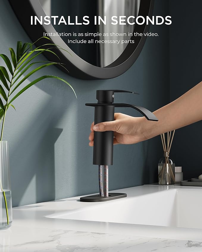 FORIOUS Waterfall Matte Black Bathroom Faucet 1 Hole, Single Handle Bathroom Sink Faucets for 1 or 3 Hole with Deck Plate, Metal Pop up Drain, cUPC Hoses for Vanity, Basin, Rv, Lavatory Sink