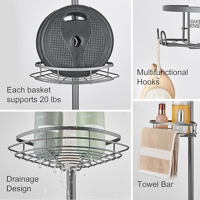 Corner Shower Caddy Tension Pole, Tension Rod Organizer, 4-Tier Adjustable Floor to Ceiling Shower Caddy 33-127inch, No Drilling Shower Shelf for Inside Shower (Gray)
