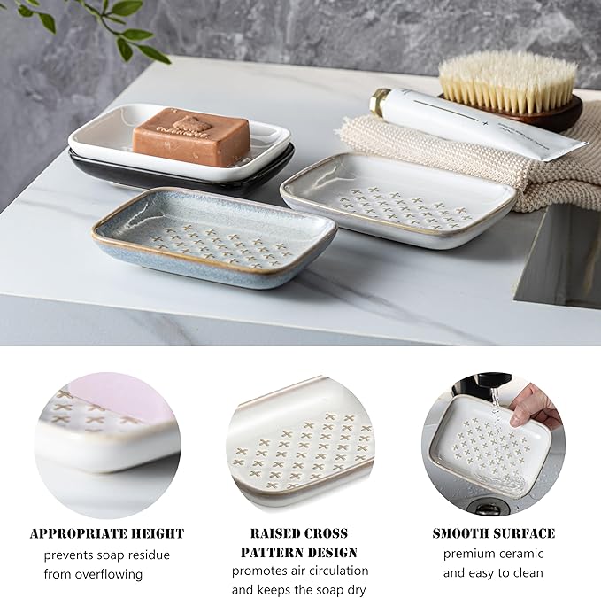 Premium Ceramic Soap Dish Holder - Large 5.5 Inch Soap Saver Tray with Non-Slip Base, Multi-Use for Bar Soap, Sponge & Jewelry - Elegant Gift for Bathroom, Kitchen, Shower Countertop - Creamy White