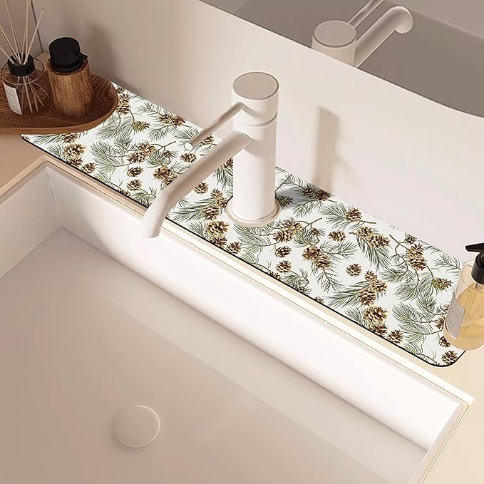 Abstract Pine Cones Sink Faucet Absorbing Mat Splash Guard Behind Faucet Sink Mat Absorbent Fast Drying Faucet Draining Mat for Bathroom Kitchen 5.5"×24"