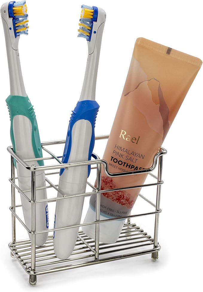 Brookstone Minimalistic Toothbrush Holder for Bathroom, Holds Regular & Electric Brushes, Anti-Rust Stainless Steel Constructions, Quick Dry Open-Air Ventilated Design. Bonus: 5 Protective Covers
