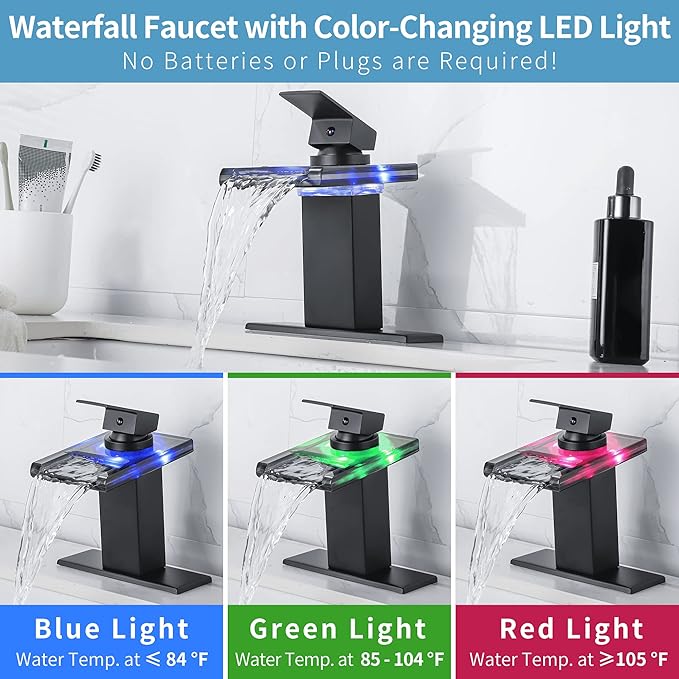 LED Bathroom Sink Faucet - Matte Black Single Hole or 4 Inch Centerset Waterfall Faucet with Glass Spout and Temperature-Sensitive LED Lights, Includes Deck Plate