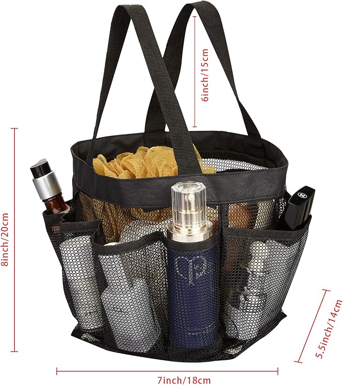 HAOGUAGUA Mesh Shower Caddy Tote Bag 8 Pockets, Hanging Portable Toiletry Bag for Men and Women, College Dorm Essentials Quick Dry Bath Organizer for College Dorms, Gym, Camp (Black)