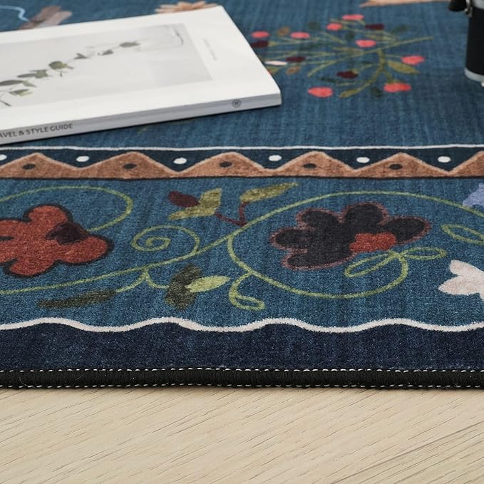 Rugcomf Runners for Kitchen Runner Rug Non Slip 2'x10' Long Washable Rugs with Rubber Backing Soft Floral Animal Cat Carpet Runner for Kitchen Laundry Bedroom Bathroom, Pearl Gentian Blue