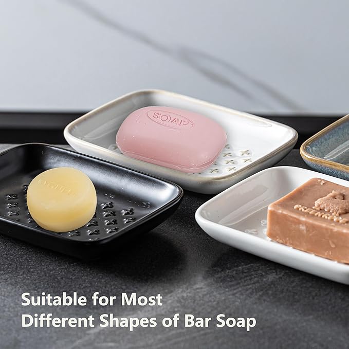 Premium Ceramic Soap Dish Holder - Large 5.5 Inch Soap Saver Tray with Non-Slip Base, Multi-Use for Bar Soap, Sponge & Jewelry - Elegant Gift for Bathroom, Kitchen, Shower Countertop - Creamy White