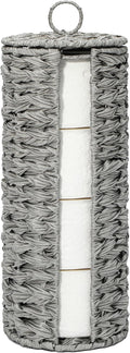4 Mega Rolls Extra Toilet Paper Storage with Lid, Waterproof Plastic Wicker Toilet Paper Holder Basket Stand, Decorative Boho Covered Enclosed Toilet Tissue Organizer for Bathroom, Grey