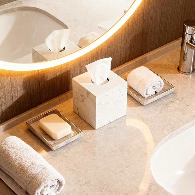 Natural Marble Tissue Box Holder Cover, Square Cube Tissue Box Holder with Open Bottom for Bathroom Vanity Tops, Bedroom Dressers, Kitchen Countertop, White Tissue Box(NS021)