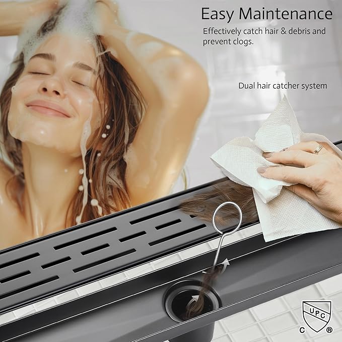 32 Inch Linear Shower Drain, Matte Black Shower Drain,Removable Grate, 304 Stainless Steel, Easy to Install and Clean for Bathrooms (Drain Base Not Included), LSD-01A-32B