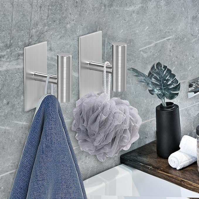 PMMASTO Adhesive Hooks, Matte Silver Stainless Steel Sticky Hooks for Hanging, Self Adhesive Shower Wall Hooks, Towel Hooks Heavy Duty for Bathroom, Bedroom RV and Kitchen- 4 PC