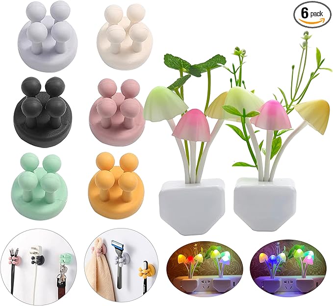 ZEZHOU Silicone Toothbrush Holders for Bathrooms - 6Pcs Razor Holder for Shower Wall Mounted + Sensor Led Mushroom Night Light - 2Pcs Color Changing Plug-in LED Mushroom Dream Bed Lamp