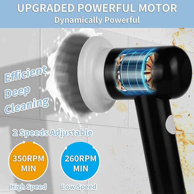 Electric Spin Scrubber, Cordless Shower Scrubber with 3 Replaceable Brushes, Waterproof Power Scrubber for Cleaning Bathroom, Kitchen, Floor, Rechargeable Electric Scrubber for Cleaning, Deep Black
