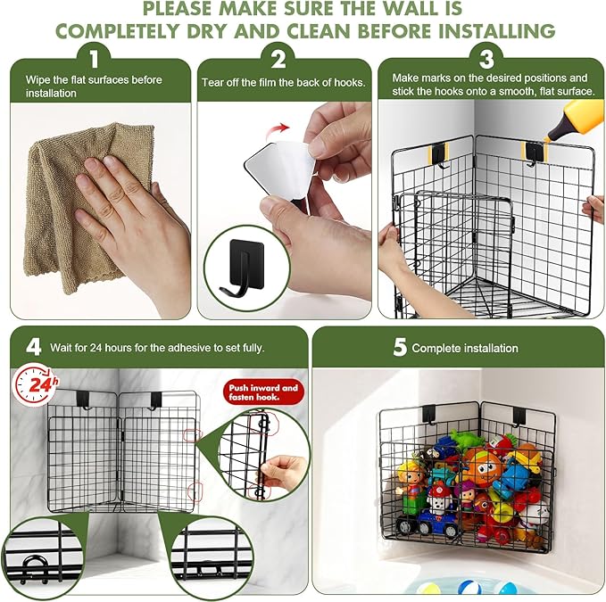 Large Bath Toy Storage, Metal Bathtub Shower Toy Holder, Foldable bath Tub Toy Organizers, Bathroom Toy Storage with Drainage for Sorting Toys/Clothes/Toiletries (1pc corner)