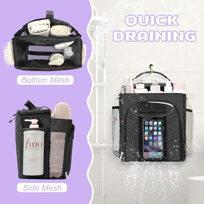 Attmu Mesh Shower Caddy Portable for Dorm College Essentials, Large Capacity Separate Compartment Hanging Toiletry Bag for College Student Camping Gym Travel Essentials (Black)