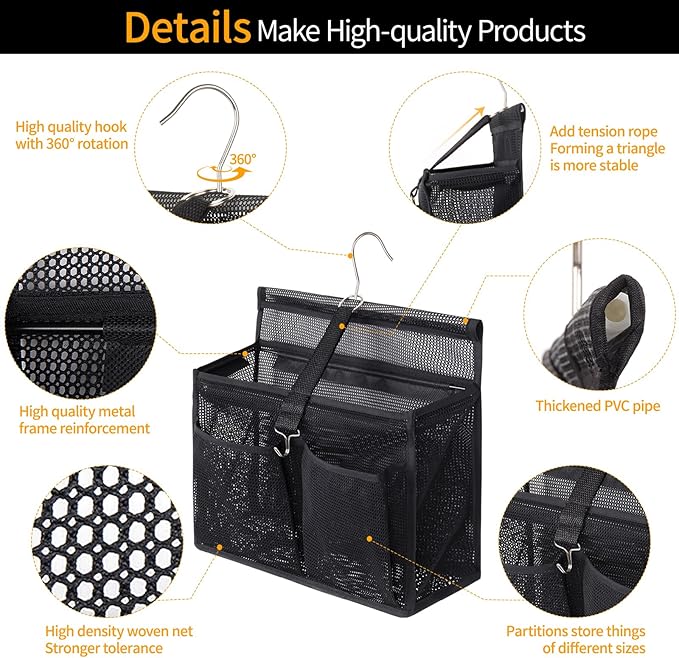 3 Pocket Portable Quick-Dry Hanging Mesh Bathroom Caddy - Swivel Hook Shower Organizer, College Dorm Gym Camping Travel RV Essentials