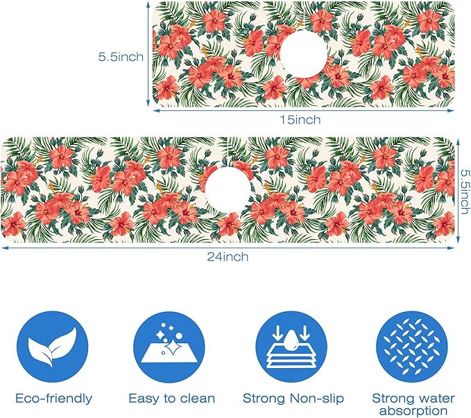 Tropical Leaves and Red Floral Kitchen Sink Splash Guard Mat Absorbent Fast Drying Mat Faucet Draining Mat Sink Splash Guard Behind Faucet Drip Catcher for Kitchen Bathroom 5.5"×15"