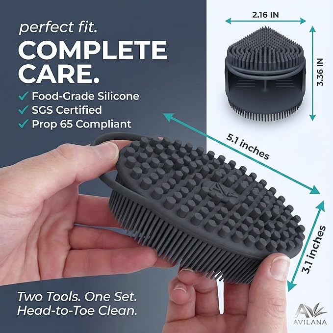 Avilana Premium Body Scrubber and Face Brush Set - 8 Years Trusted Since 2017 - SGS Certified Silicone 2-in-1 Shower Kit, Dual Sided Gentle Exfoliating Loofah Alternative Sensitive Skin Women Men Gift