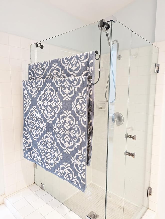 Insieme 29 x16 Inch Towel Rack for Over Glass Shower Wall or Glass Shower Enclosure (Frameless or Frames up to 1.6" Thick). Easy Do-It-Yourself Assembly - 2 Tier - Black - Stainless Steel - No Rust