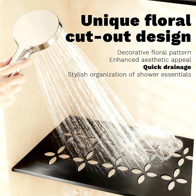 12 Inch Matte Smooth Black Surface Aluminum Material Shower Niche Shelf Rectangular Bathroom Niche Shelf with Floral Design Fits Prefabricated Tile Niches 1 Pack