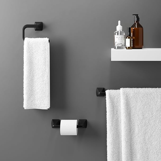Pfister Bruxie 3-Piece Bathroom Hardware Set with Towel Bar, Towel Ring, and Toilet Paper Holder, Wall-Mounted, Matte Black Finish, BTBBIE3B