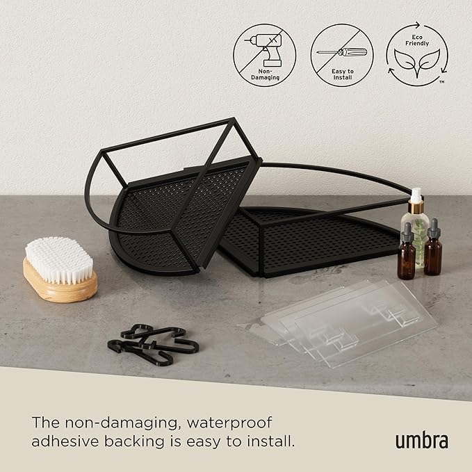Umbra Cubiko Shower Corner Shelf, Metal Floating Shelves with Adhesive Mounting Strips, 2-Pack, Black